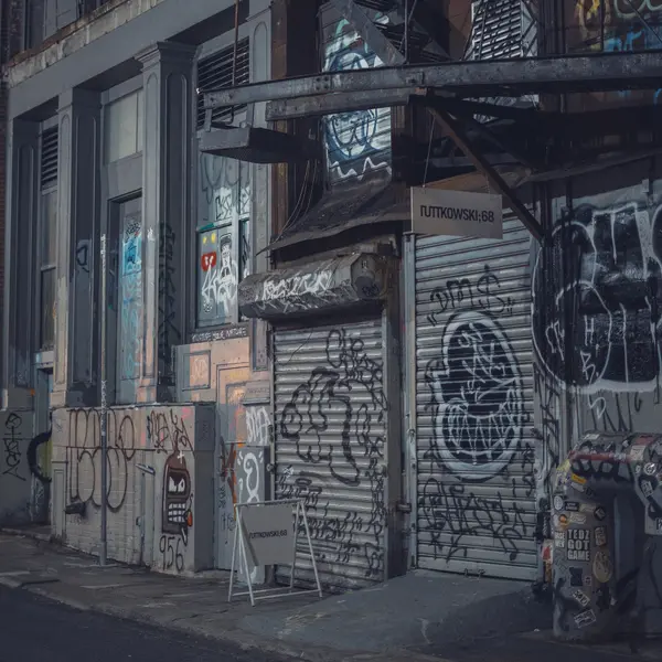 Closed, graffiti-covered storefronts at night on an urban street, marked with the sign NUTTKOWSKI 68.