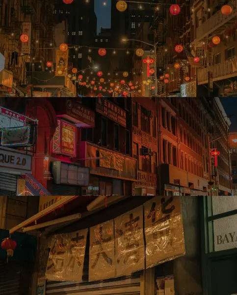 A three-panel nighttime collage of Manhattan's Chinatown showing lantern-strung streets, illuminated storefronts with Chinese signage, and a reflective gold sign with Chinese characters.