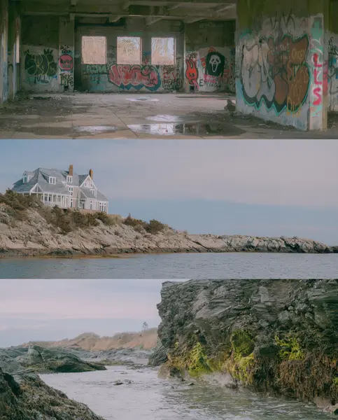 Three stacked images: a graffiti-covered abandoned building interior, a gray house on a rocky coastal cliff, and an algae-covered rocky shoreline with churning water.