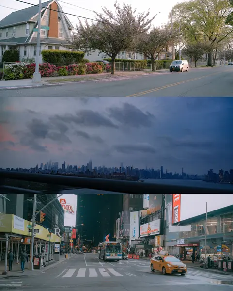 Three-panel vertical composite: suburban street with a pink blooming tree, Manhattan skyline under cloudy sunset, and a wet Times Square at night with a bus and taxi.